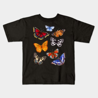 Bright Butterflies On Black Kids T-Shirt